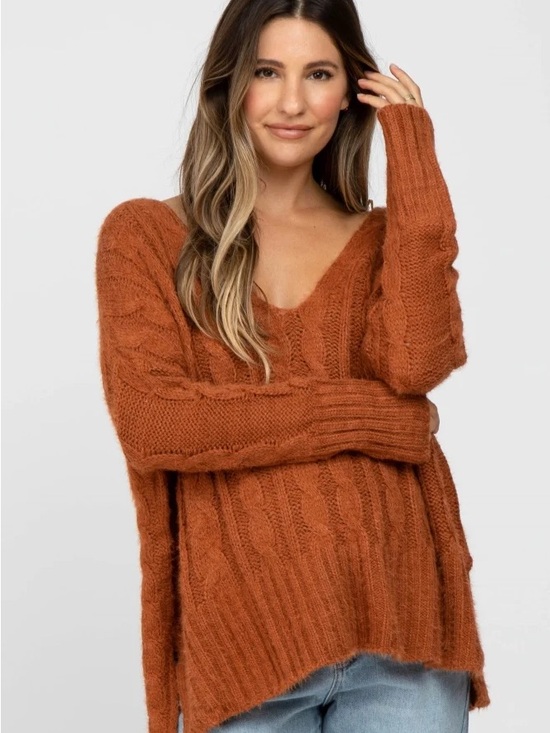 Miracle Sweaters - NWT Miracle Camel Copper Cable Knit V-Neck Sweater Layering Cozy Oversized